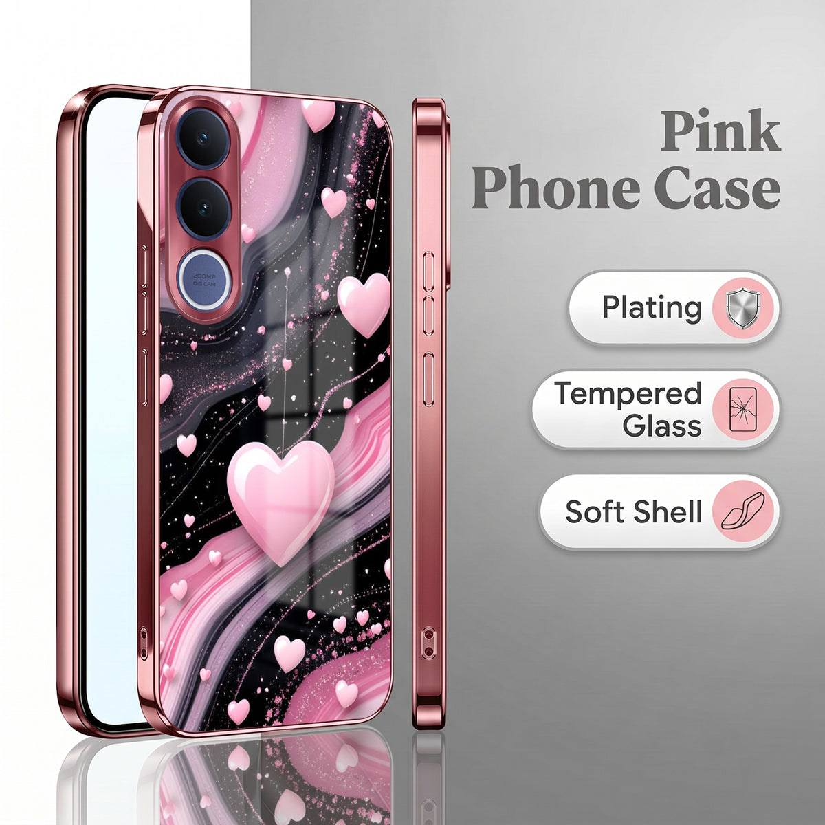 Vivo V70 FE 5G Love Sparkle Pink Electroplated Glass Phone Back Case