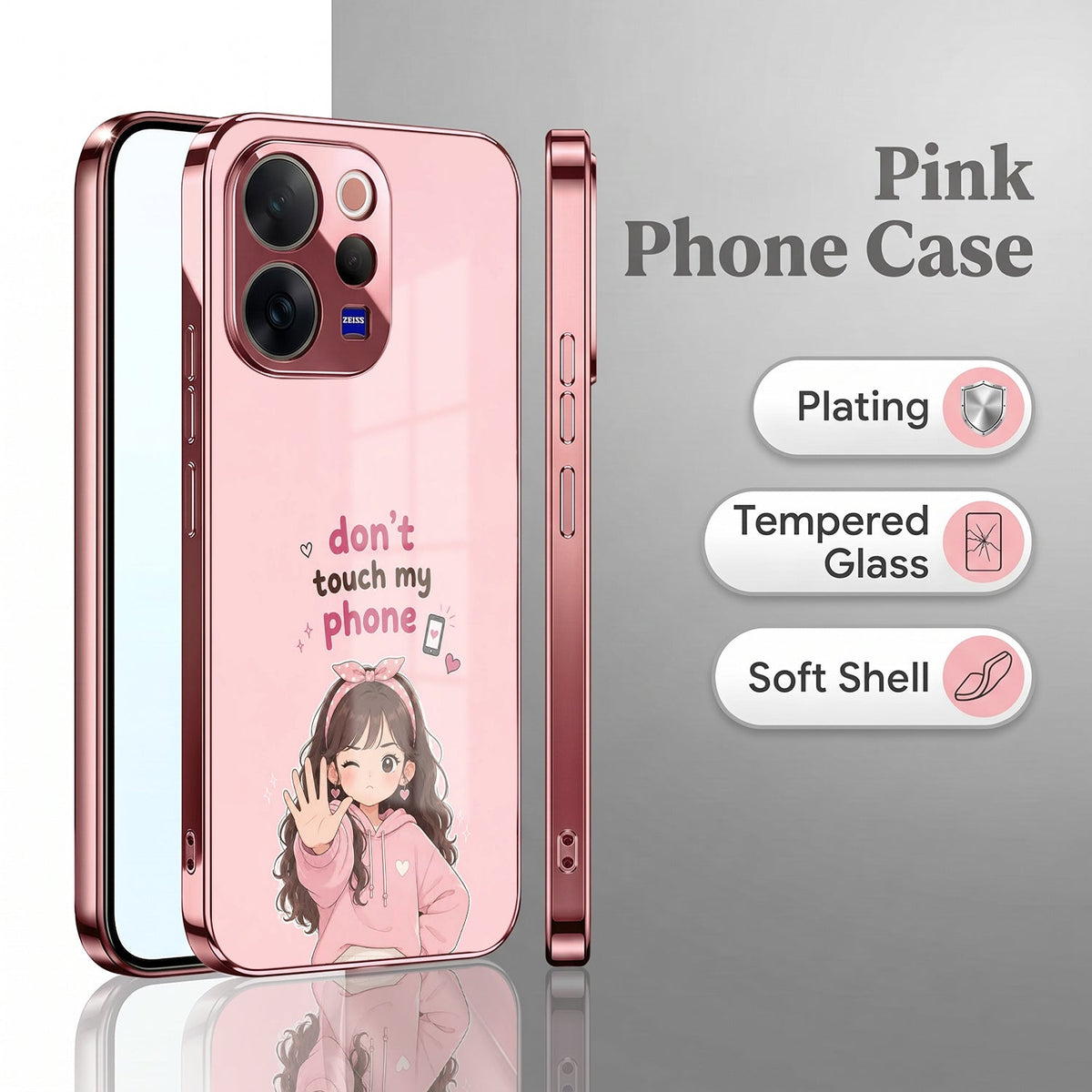Vivo V70 5G Luxury Anime Girl Pink Electroplated Glass Phone Back Case