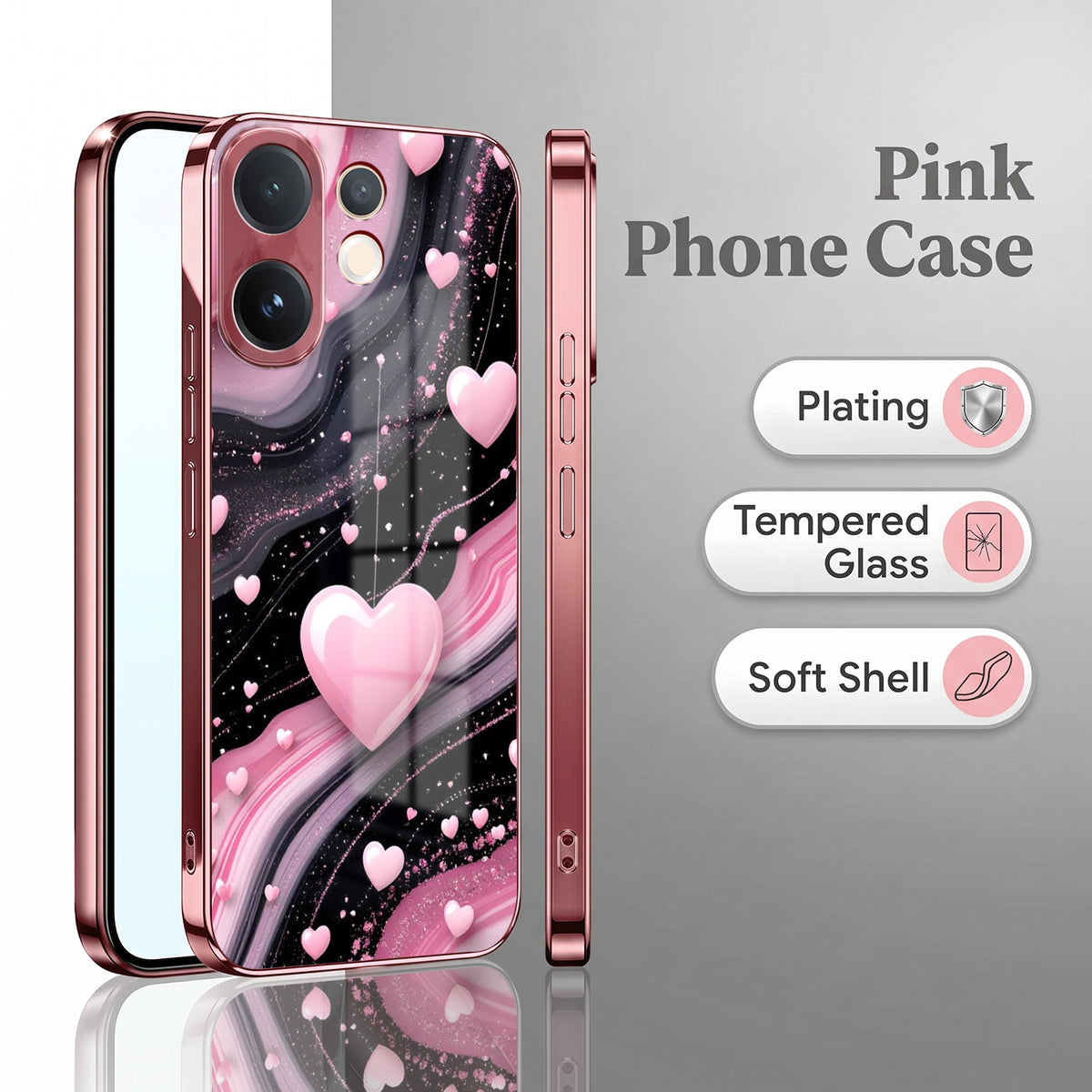 Vivo V60 5G Love Sparkle Pink Electroplated Glass Phone Back Case