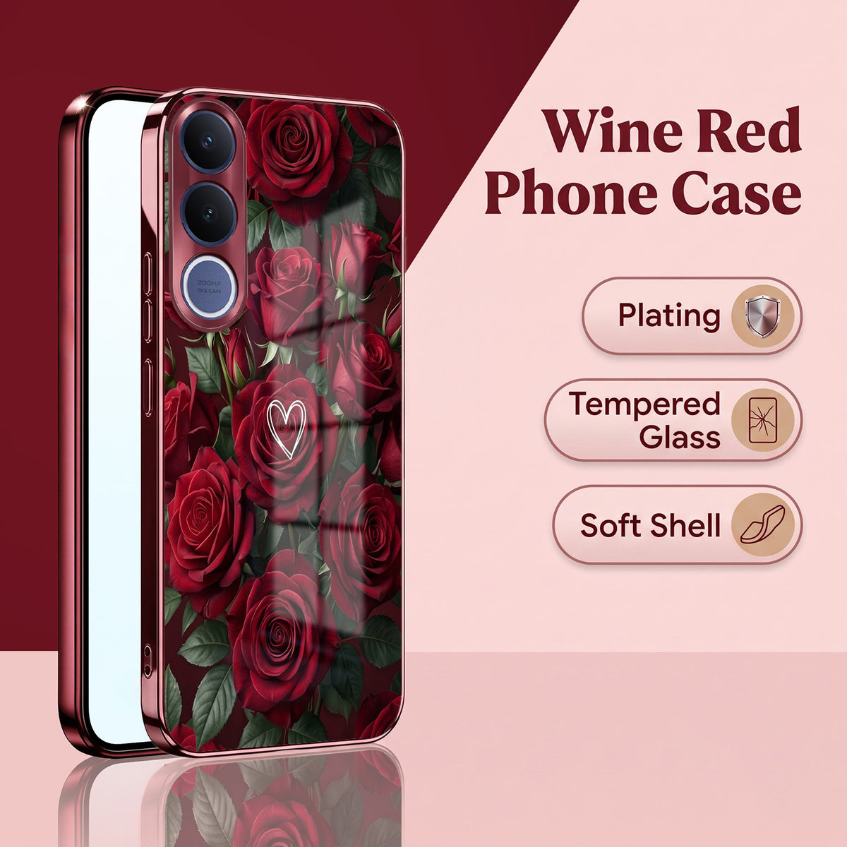 Vivo V70 FE 5G Rose Heart Burgundy Electroplated Glass Back Case