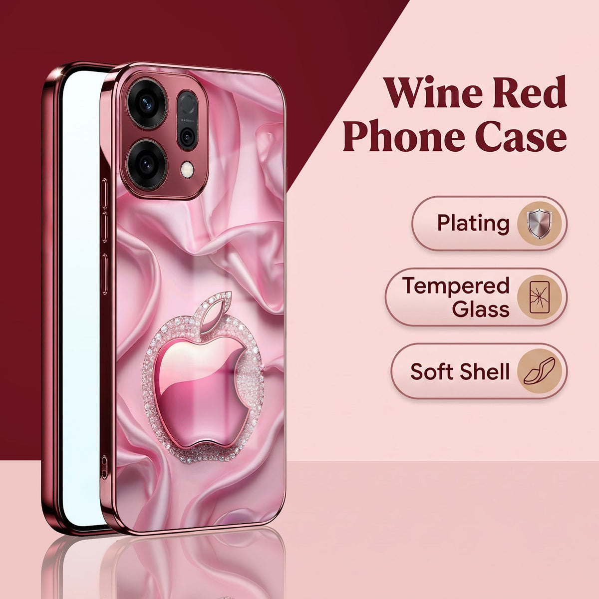 Oppo Reno 14 5G Luxury Apple Logo Pink Electroplated Glass Phone Back Case