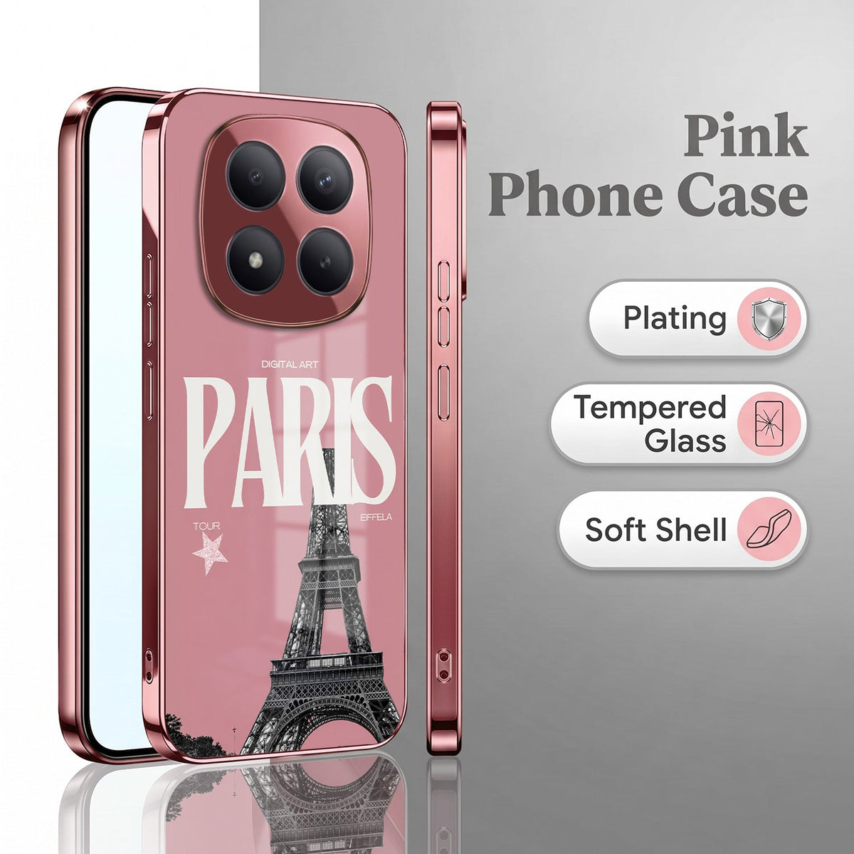Redmi Note 15 Pro+ 5G Luxury Paris Tower Pink Electroplated Glass Phone Back Case