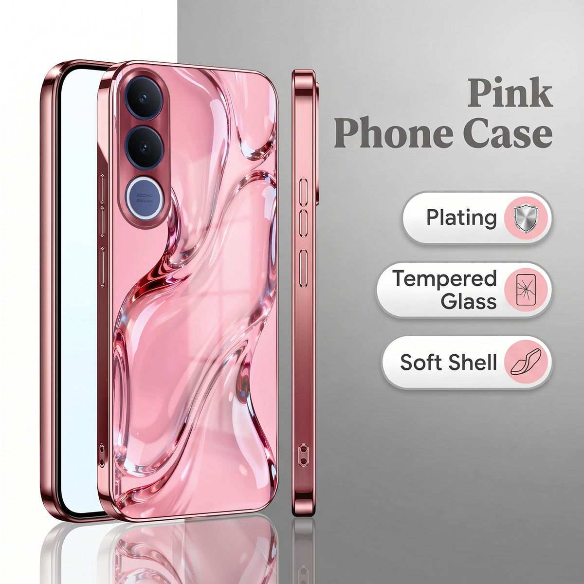 Vivo V70 FE 5G Crystal Wave Energy Pink Electroplated Glass Phone Back Case