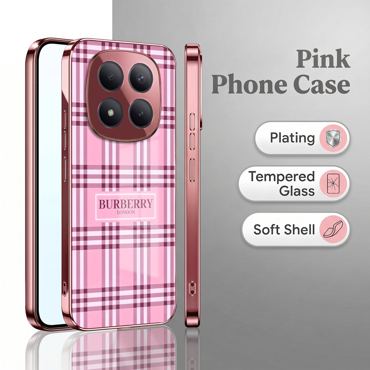 Redmi Note 15 Pro+ 5G Burberry Classic Pink Electroplated Glass Phone Back Case