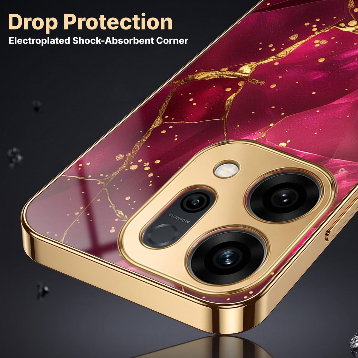 Oppo Reno 14 5G Luxury Crimson Marble Gold Electroplated Glass Phone Back Case