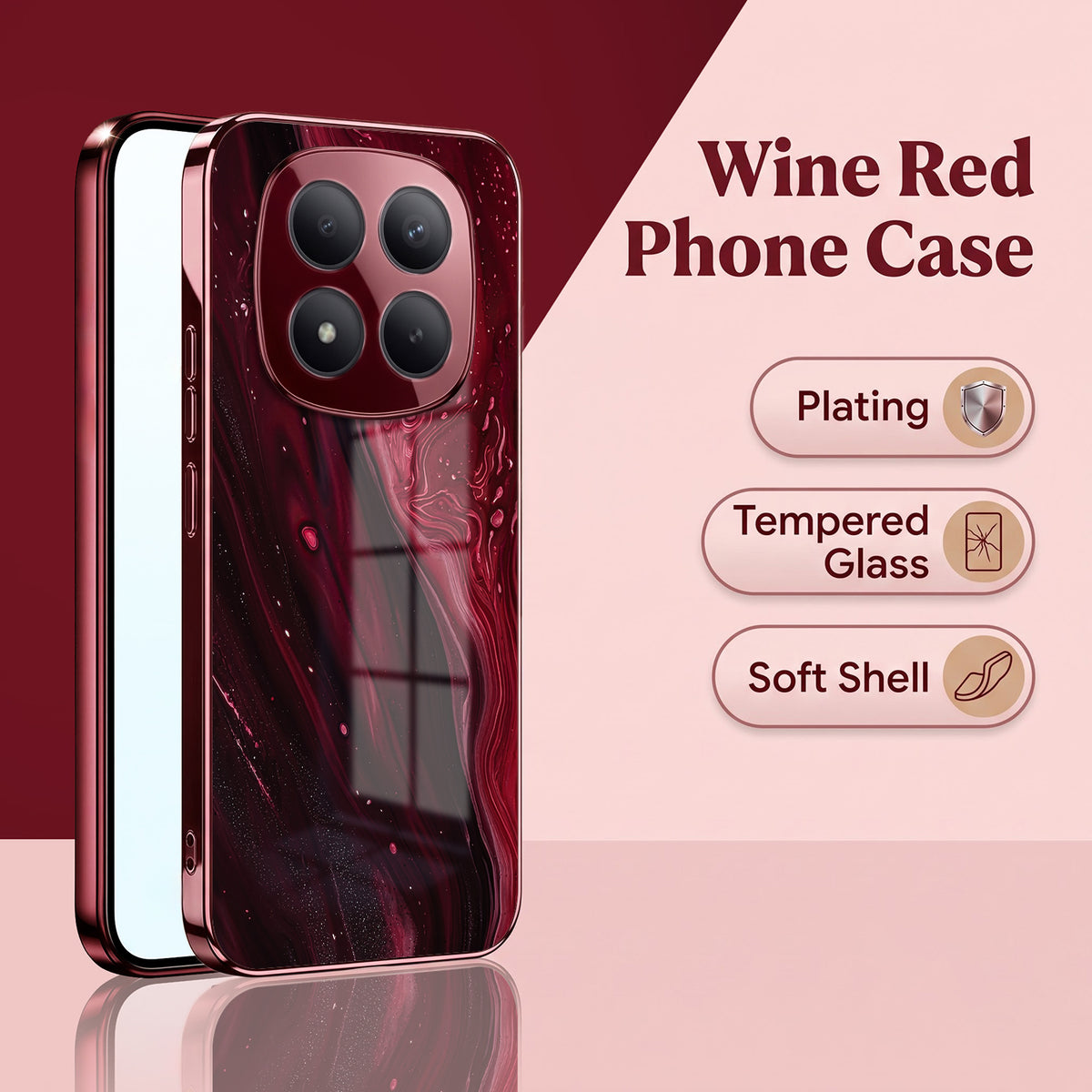 Redmi Note 15 Pro Plus 5G Marble Burgundy Electroplated Glass Back Case