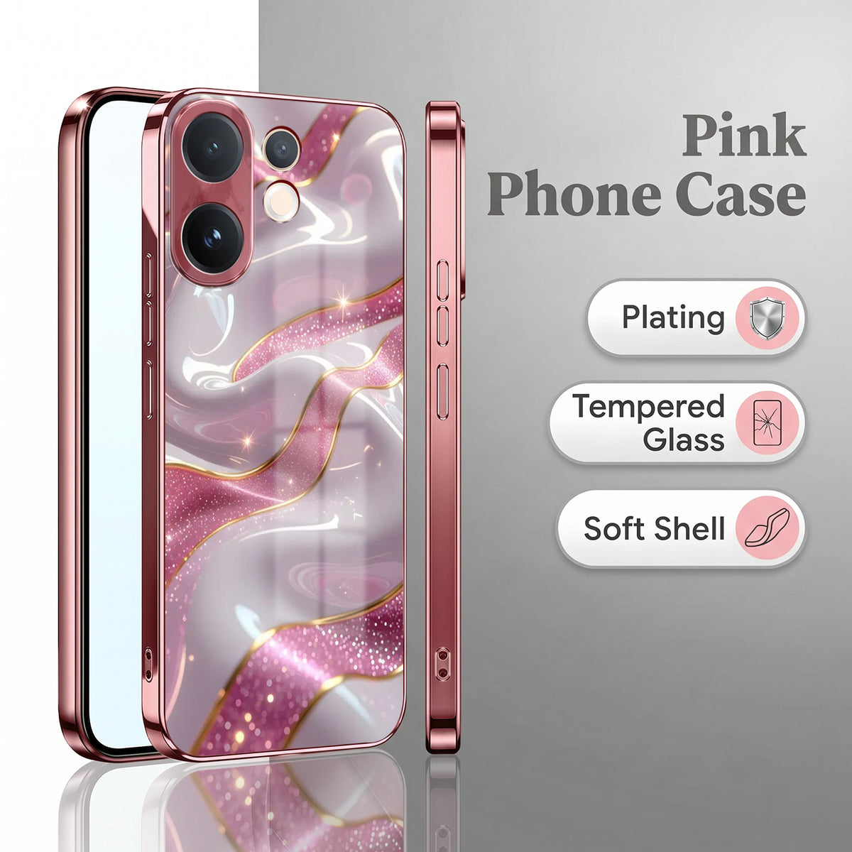 Vivo V60 5G Pearl Marble Pink Electroplated Glass Phone Back Case