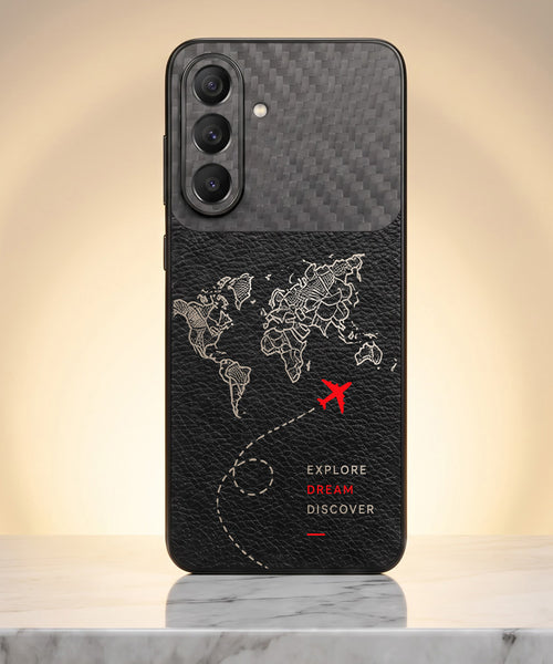 Samsung Galaxy A37 5G Travel Map Carbon Fiber Leather Hybrid Back Case