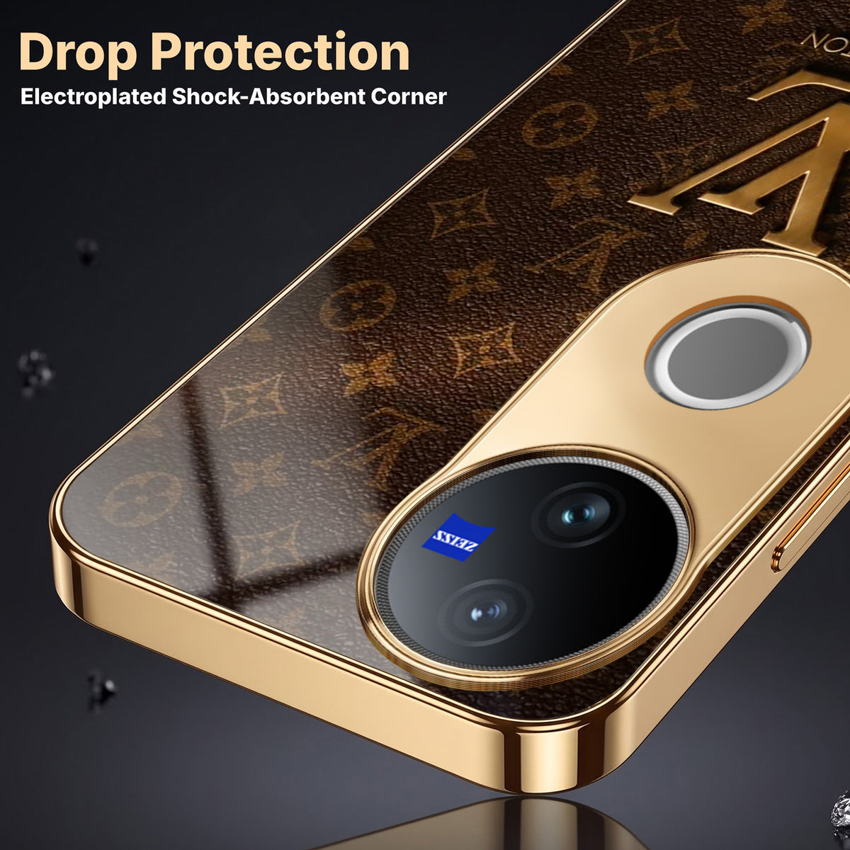 Vivo V50 5G LV Brown Monogram Gold Electroplated Glass Phone Back Case