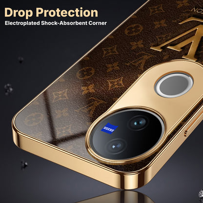 Vivo V50 5G LV Brown Monogram Gold Electroplated Glass Phone Back Case