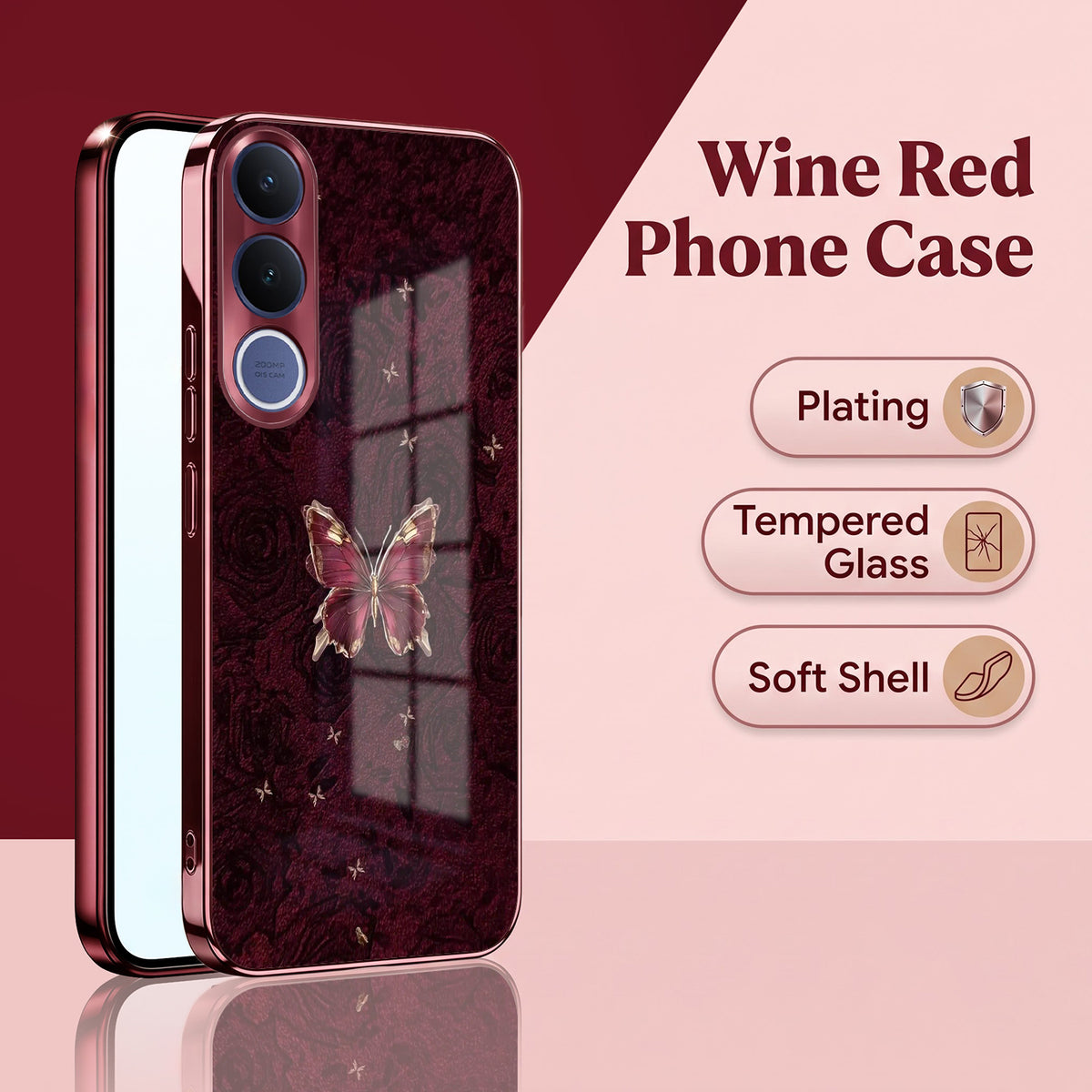 Vivo V70 FE 5G Butterfly Burgundy Electroplated Glass Back Case