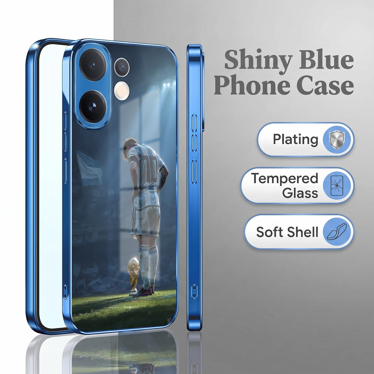 Vivo V60 5G Football Champion Blue Electroplated Glass Phone Back Case