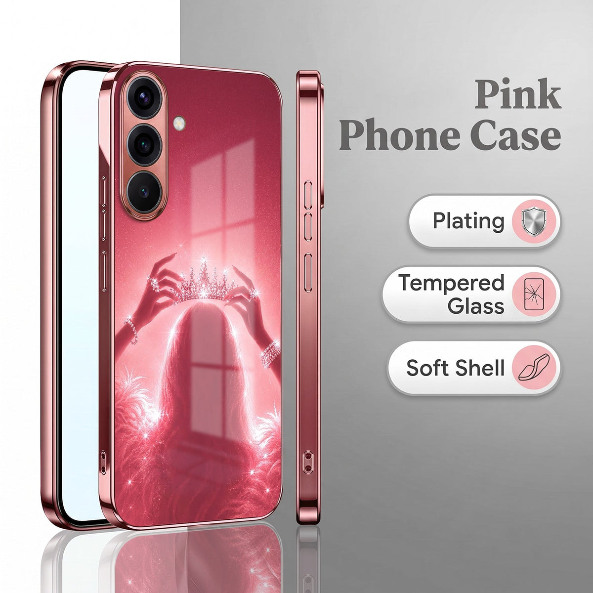 Samsung Galaxy A36 5G Luxury Crown Queen Pink Electroplated Glass Phone Back Case