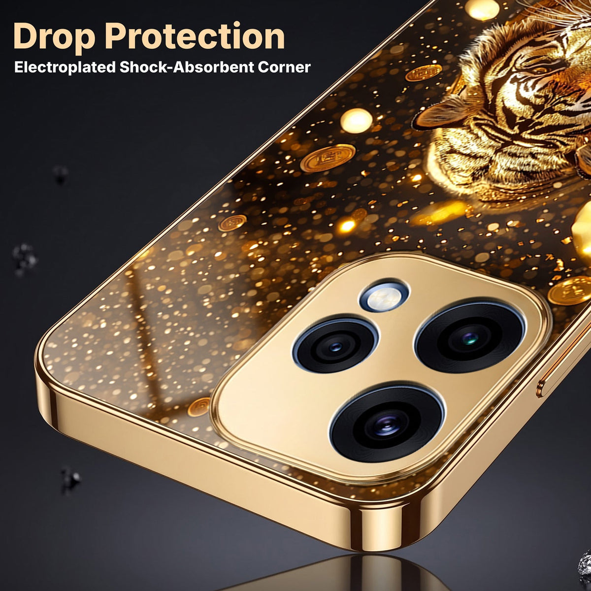 Oppo Reno 15 5G Luxury Tiger Gold Electroplated Glass Phone Back Case