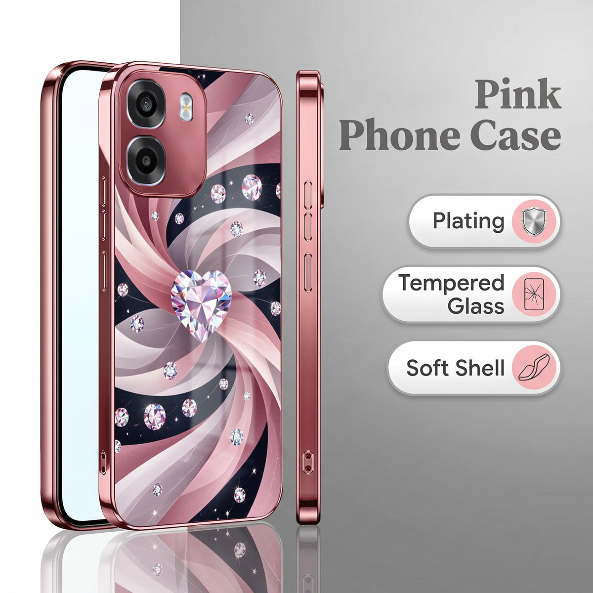 Oppo K14 5G Diamond Glam Pink Electroplated Glass Phone Back Case