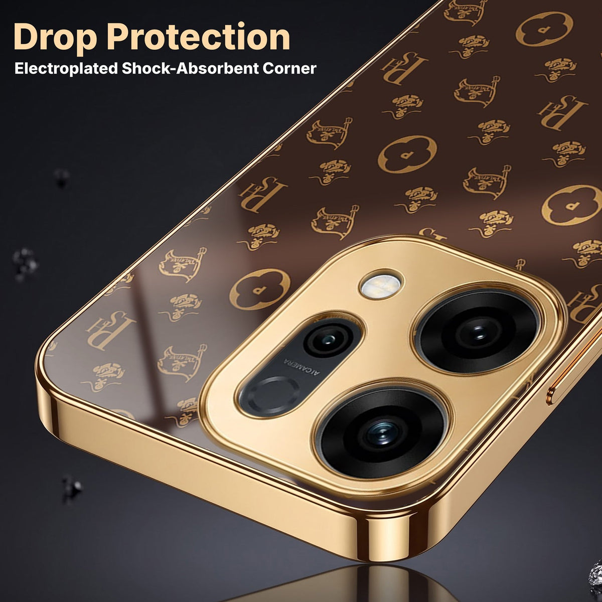 Oppo Reno 14 5G Luxury Monogram Brown Gold Electroplated Glass Phone Back Case