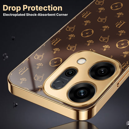 Oppo Reno 14 5G Luxury Monogram Brown Gold Electroplated Glass Phone Back Case