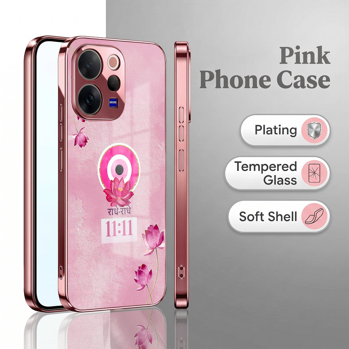 Vivo V70 5G Luxury Radhe Radhe 11:11 Pink Electroplated Glass Phone Back Case