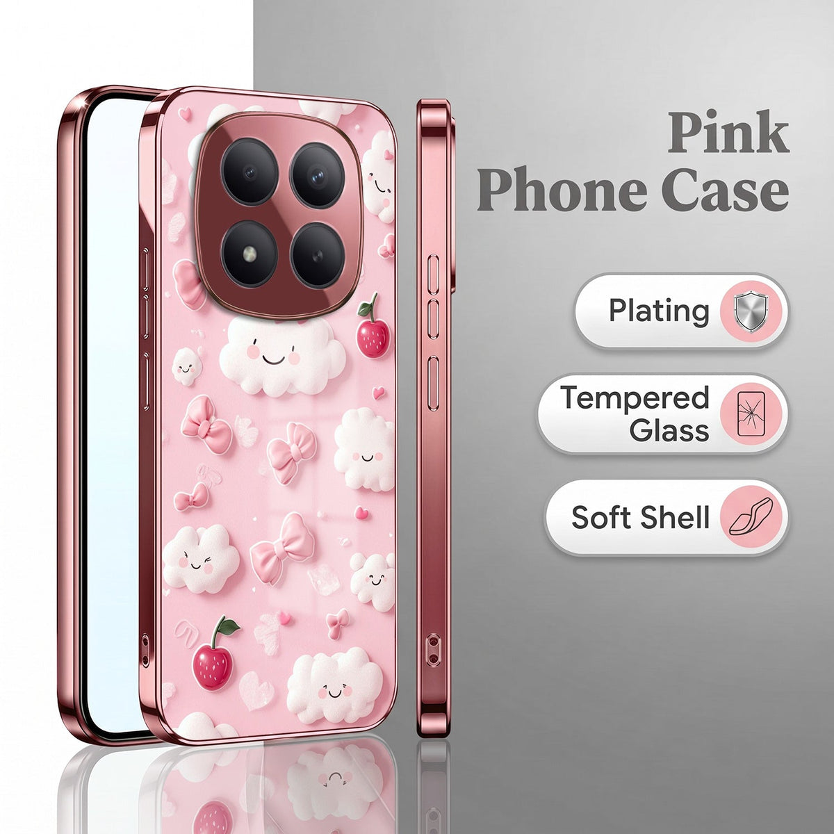 Redmi Note 15 Pro+ 5G Luxury 3D Clouds Pink Electroplated Glass Phone Back Case