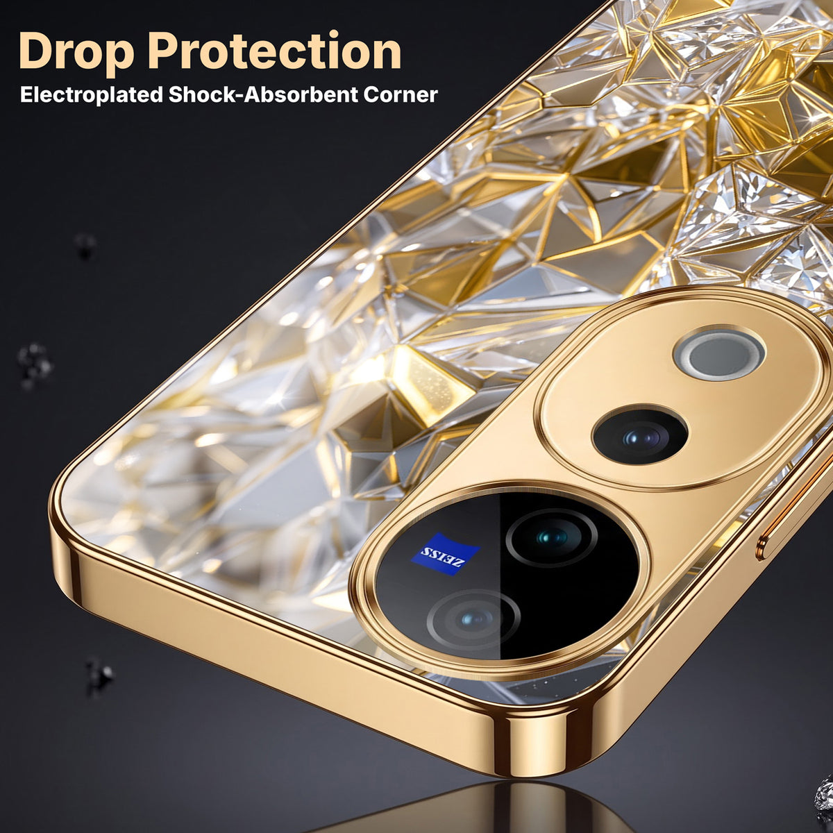 Vivo V40 Pro 5G White Diamond Shatter Gold Electroplated Glass Phone Back Case
