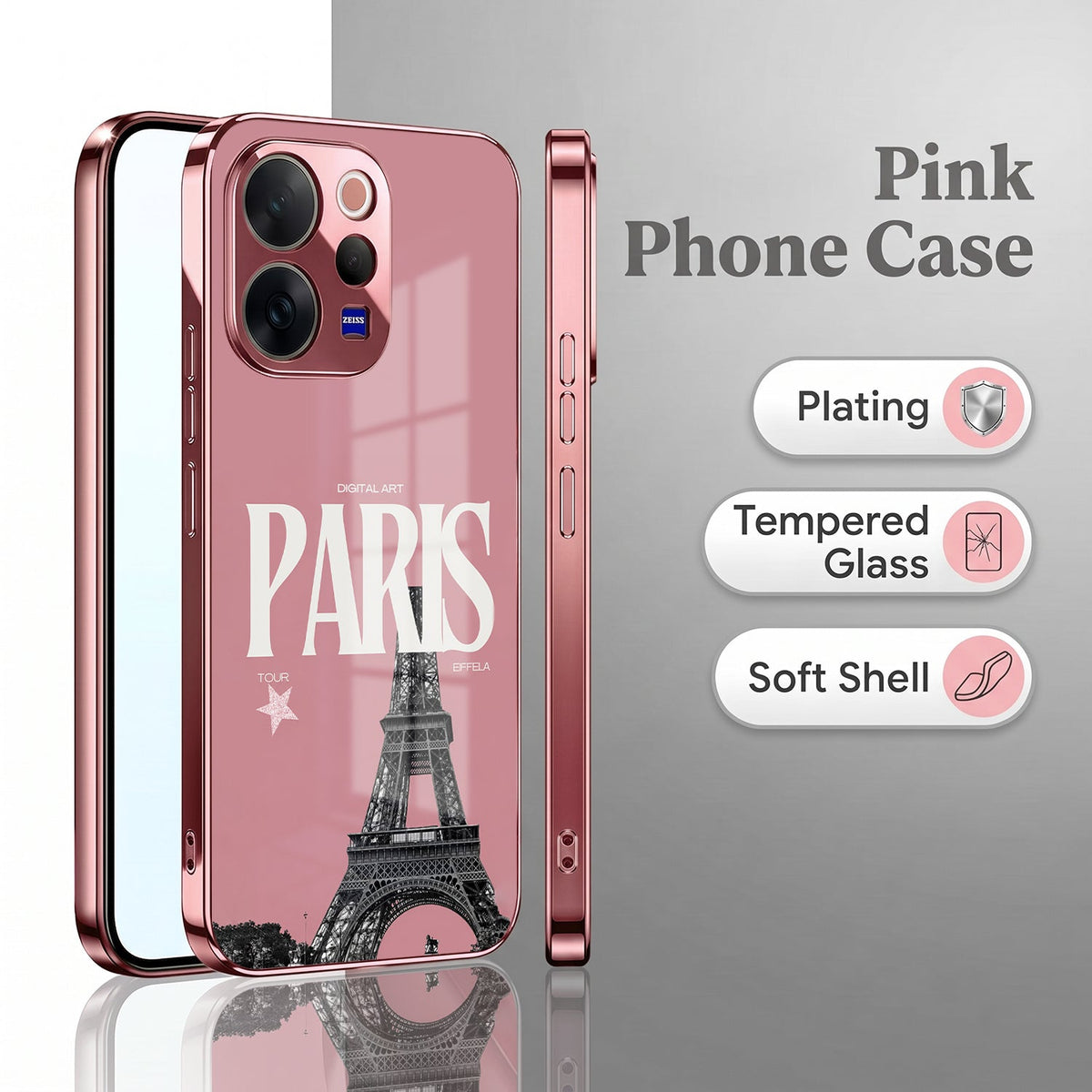 Vivo V70 5G Luxury Paris Tower Pink Electroplated Glass Phone Back Case