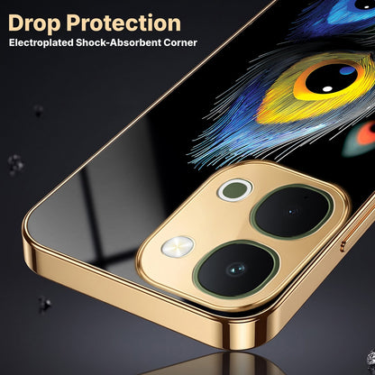 Vivo T5x 5G Premium Peacock Feather Gold Electroplated Glass Phone Back Case