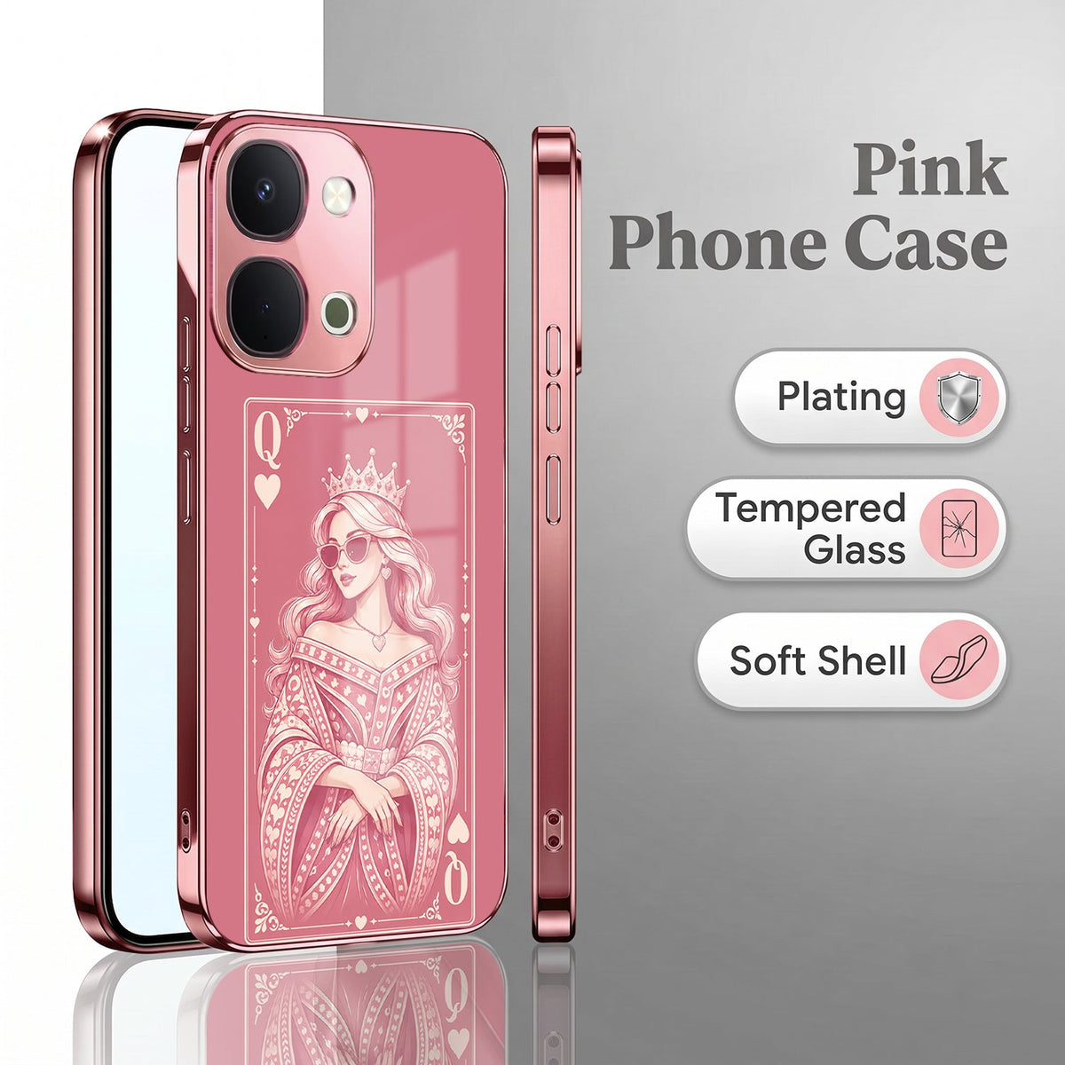 Vivo T5x 5G Luxury Royal Queen Pink Electroplated Glass Phone Back Case