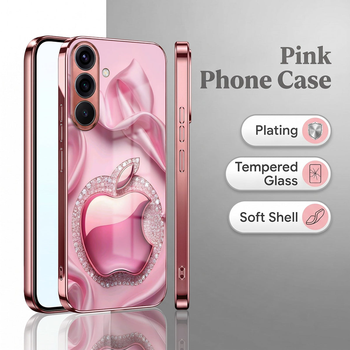 Samsung Galaxy A56 5G Luxury Apple Logo Pink Electroplated Glass Phone Back Case