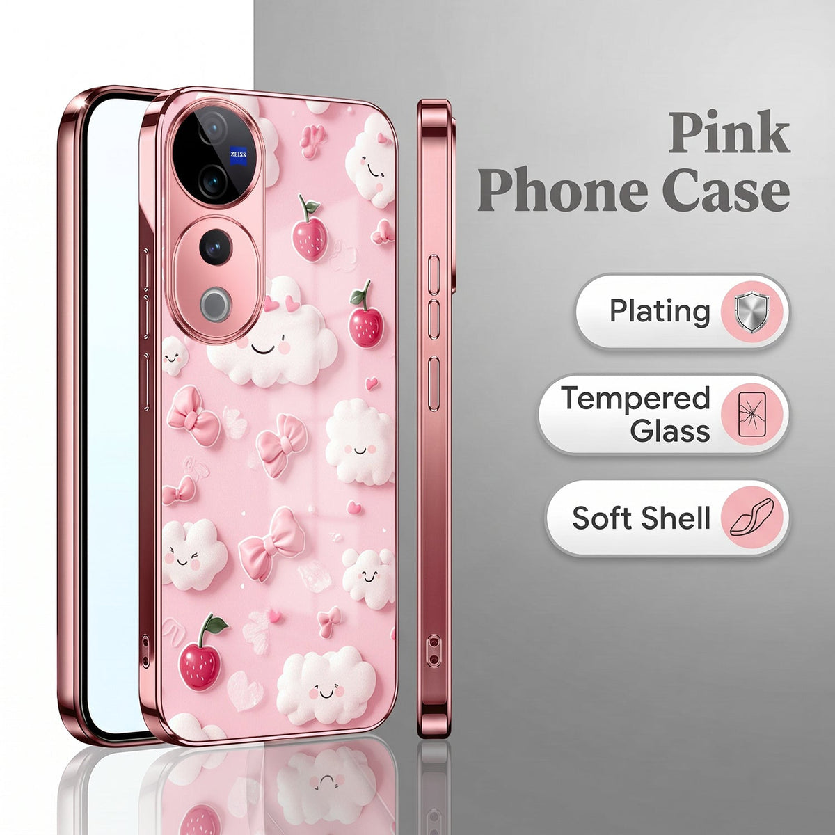 Vivo V40 Pro 5G Luxury 3D Clouds Pink Electroplated Glass Phone Back Case