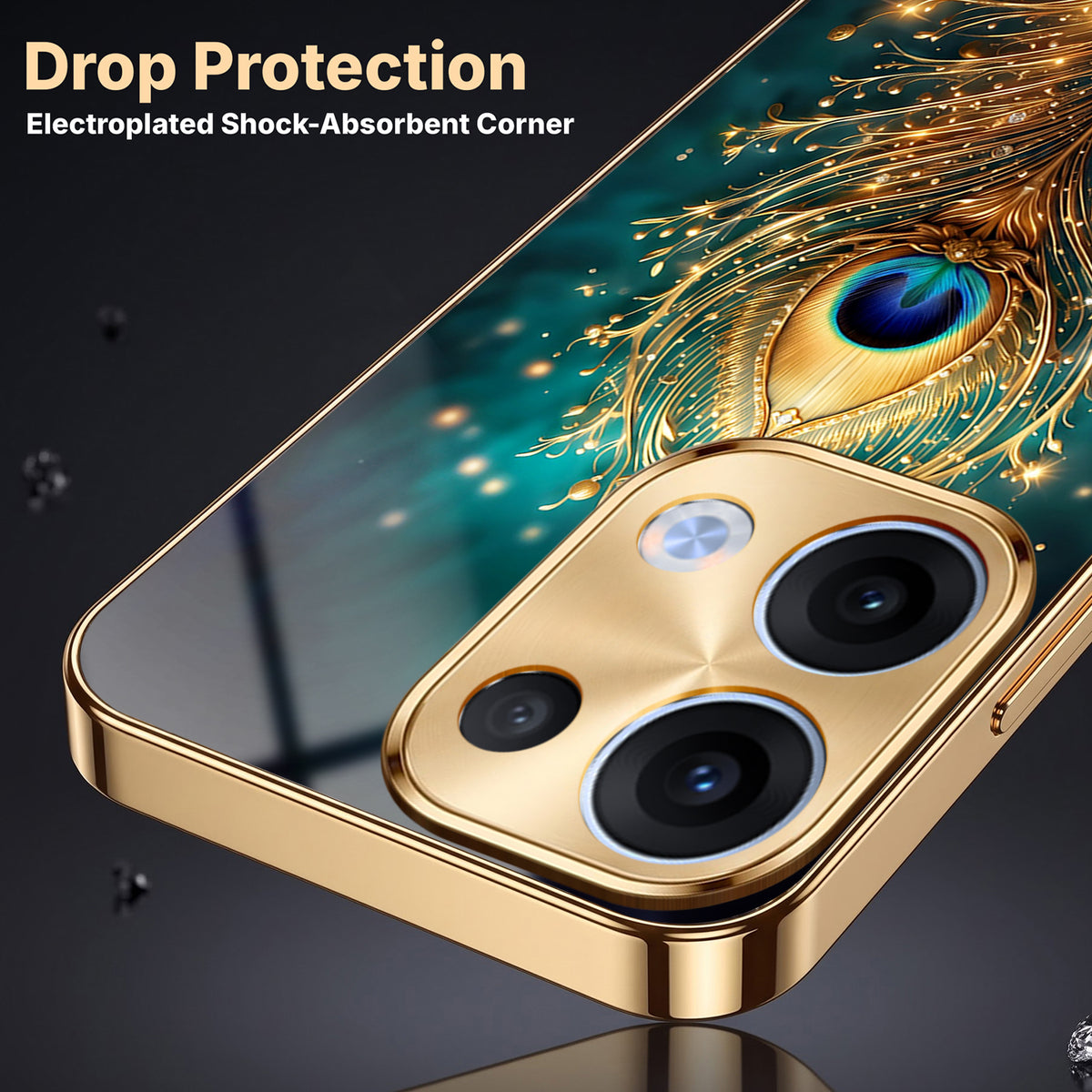 Oppo Reno 13 5G Golden Peacock Feather Gold Electroplated Glass Phone Back Case