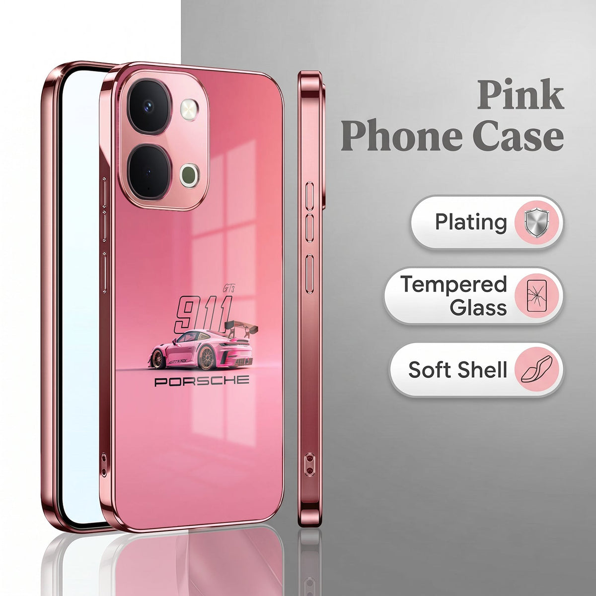 Vivo T5x 5G Luxury Porsche 911 Pink Electroplated Glass Phone Back Case