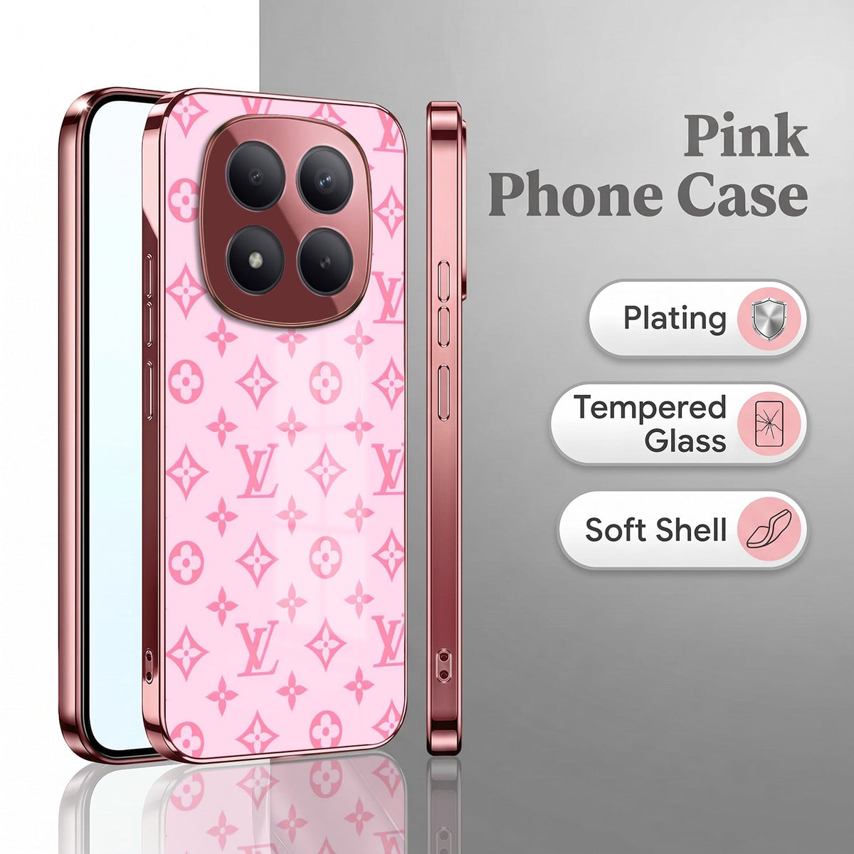 Redmi Note 15 Pro+ 5G Luxury Monogram Pink Electroplated Glass Phone Back Case