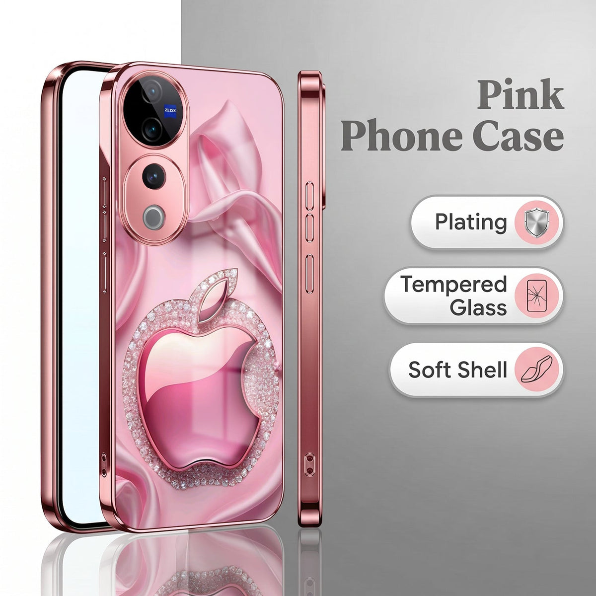 Vivo V40 Pro 5G Luxury Apple Logo Pink Electroplated Glass Phone Back Case