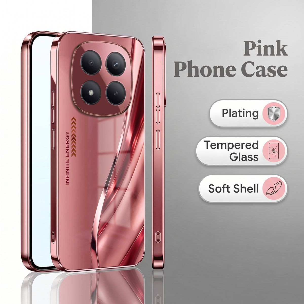Redmi Note 15 Pro+ 5G Luxury Infinity Energy Pink Electroplated Glass Phone Back Case
