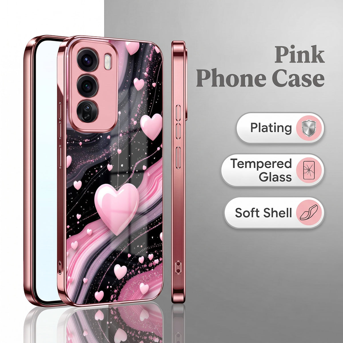 Oppo Reno 12 Pro 5G Love Sparkle Pink Electroplated Glass Phone Back Case