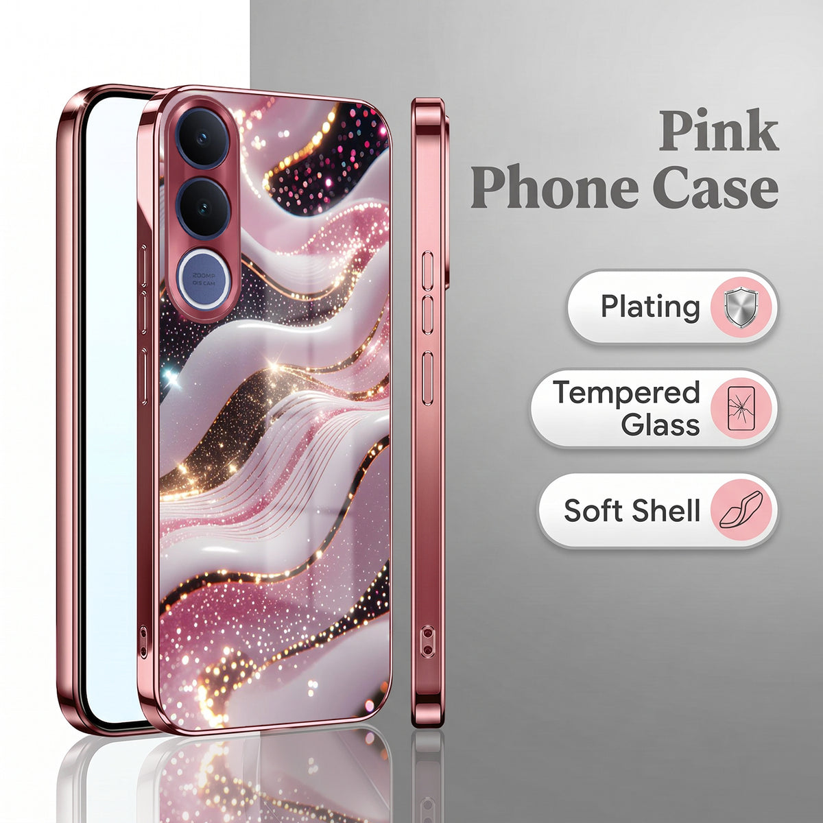 Vivo V70 FE 5G Midnight Pearl Wave Pink Electroplated Glass Phone Back Case