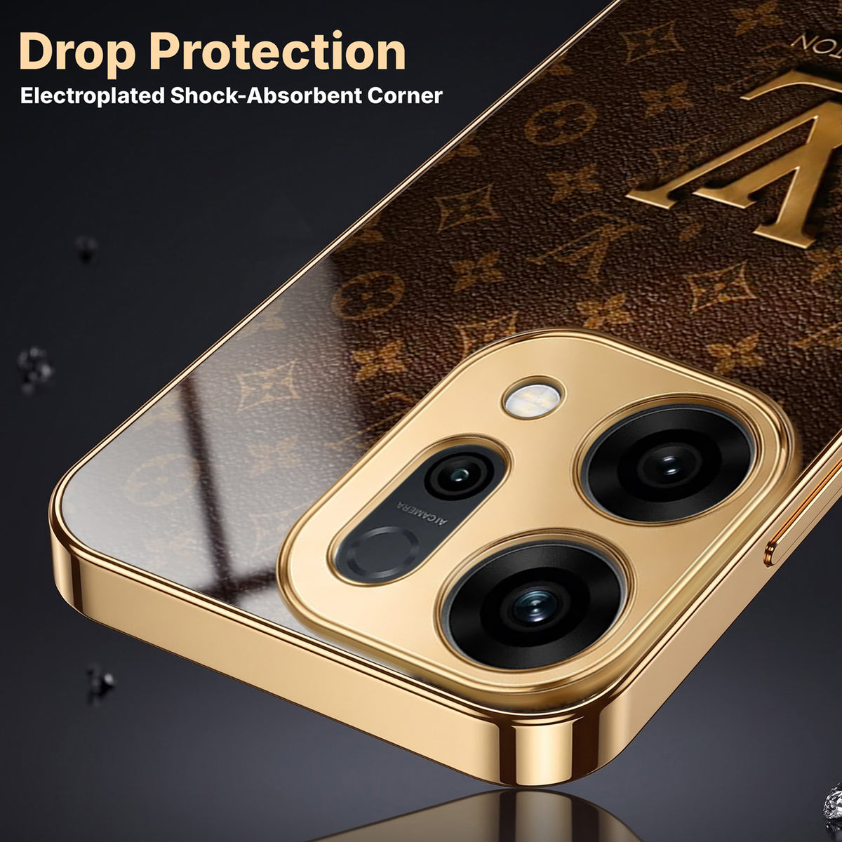 Oppo Reno 14 5G LV Brown Monogram Gold Electroplated Glass Phone Back Case