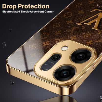 Oppo Reno 14 5G LV Brown Monogram Gold Electroplated Glass Phone Back Case
