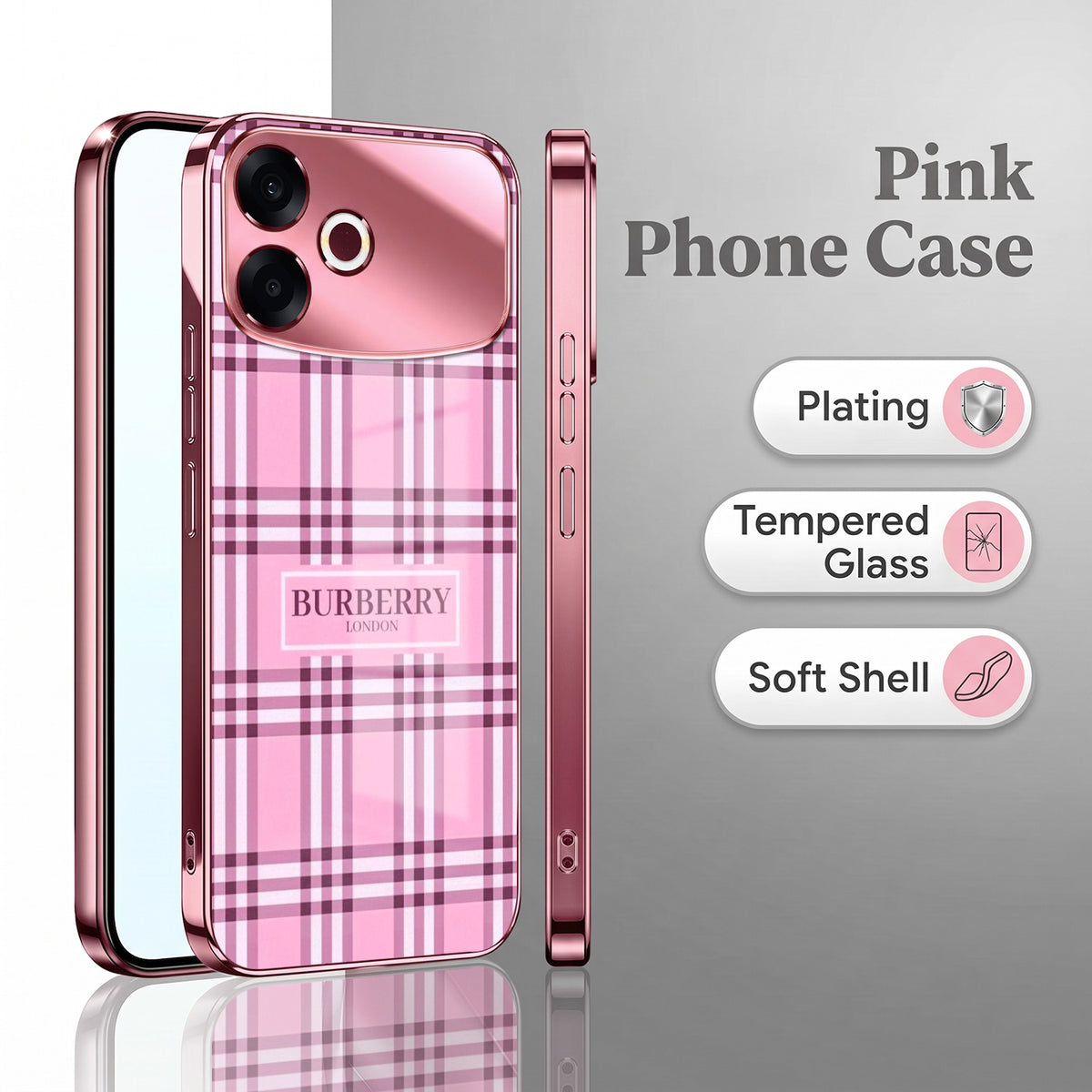 Oppo F33 Pro 5G Burberry Classic Pink Electroplated Glass Phone Back Case