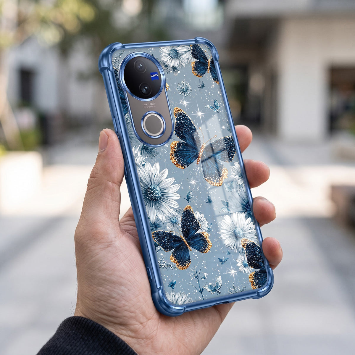 Vivo V50 5G Blue Butterfly Floral Airbags Printed Back Case