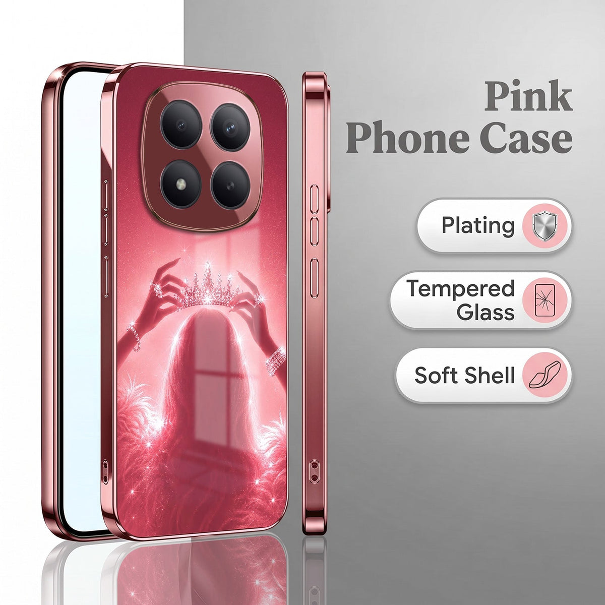 Redmi Note 15 Pro+ 5G Luxury Crown Queen Pink Electroplated Glass Phone Back Case