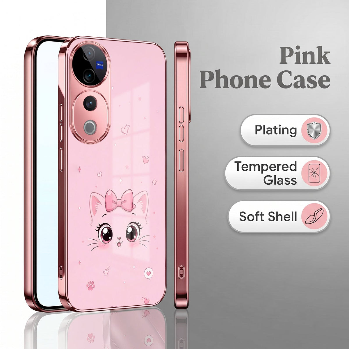 Vivo V40 Pro 5G Luxury Cute Cat Pink Electroplated Glass Phone Back Case