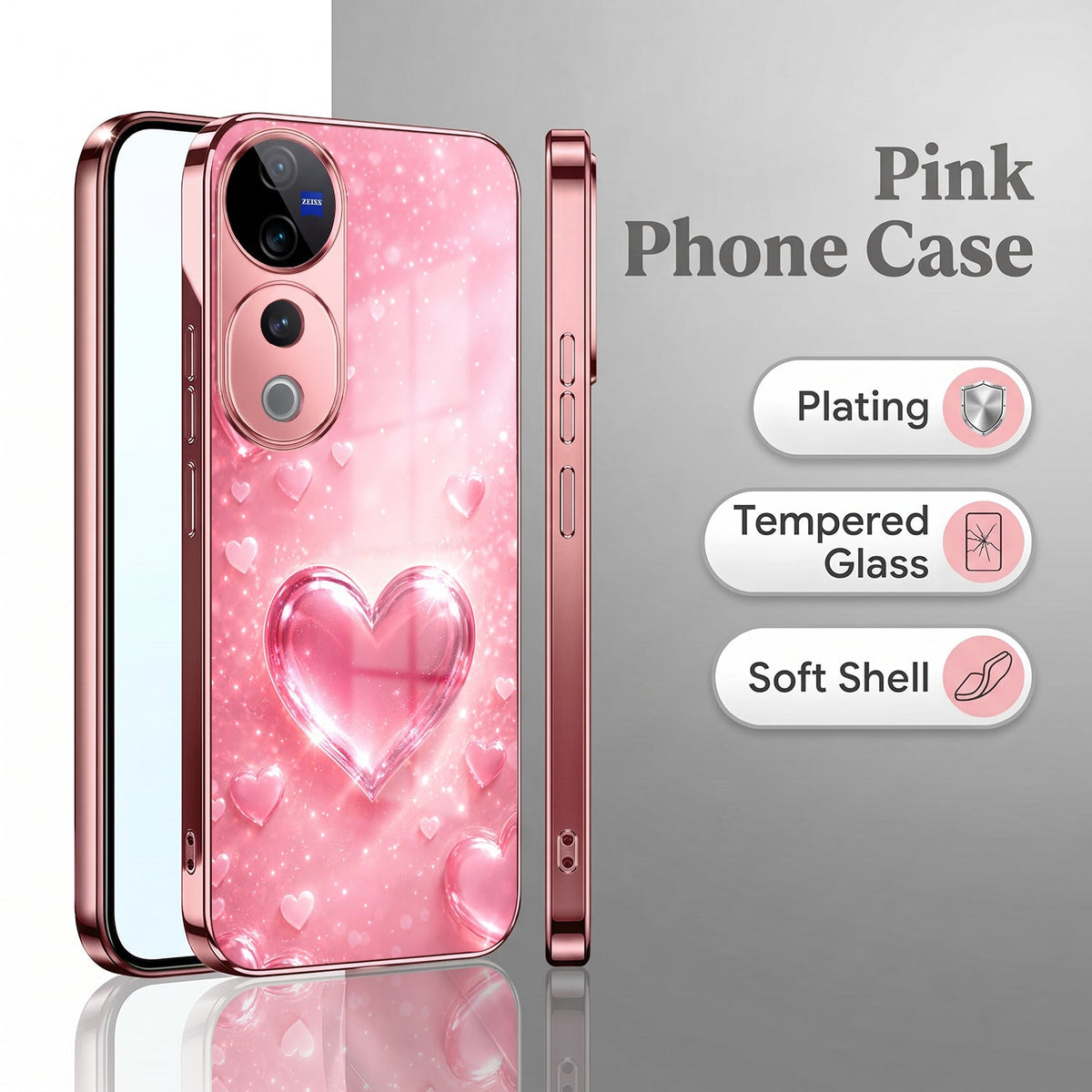 Vivo V40 Pro 5G Luxury 3D Jelly Heart Pink Electroplated Glass Phone Back Case