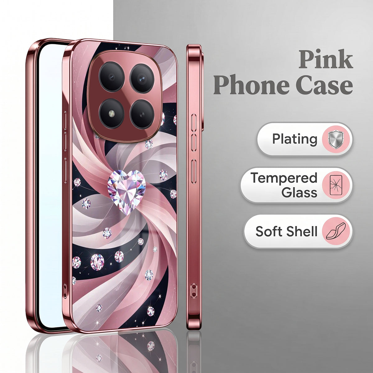 Redmi Note 15 Pro+ 5G Diamond Glam Pink Electroplated Glass Phone Back Case