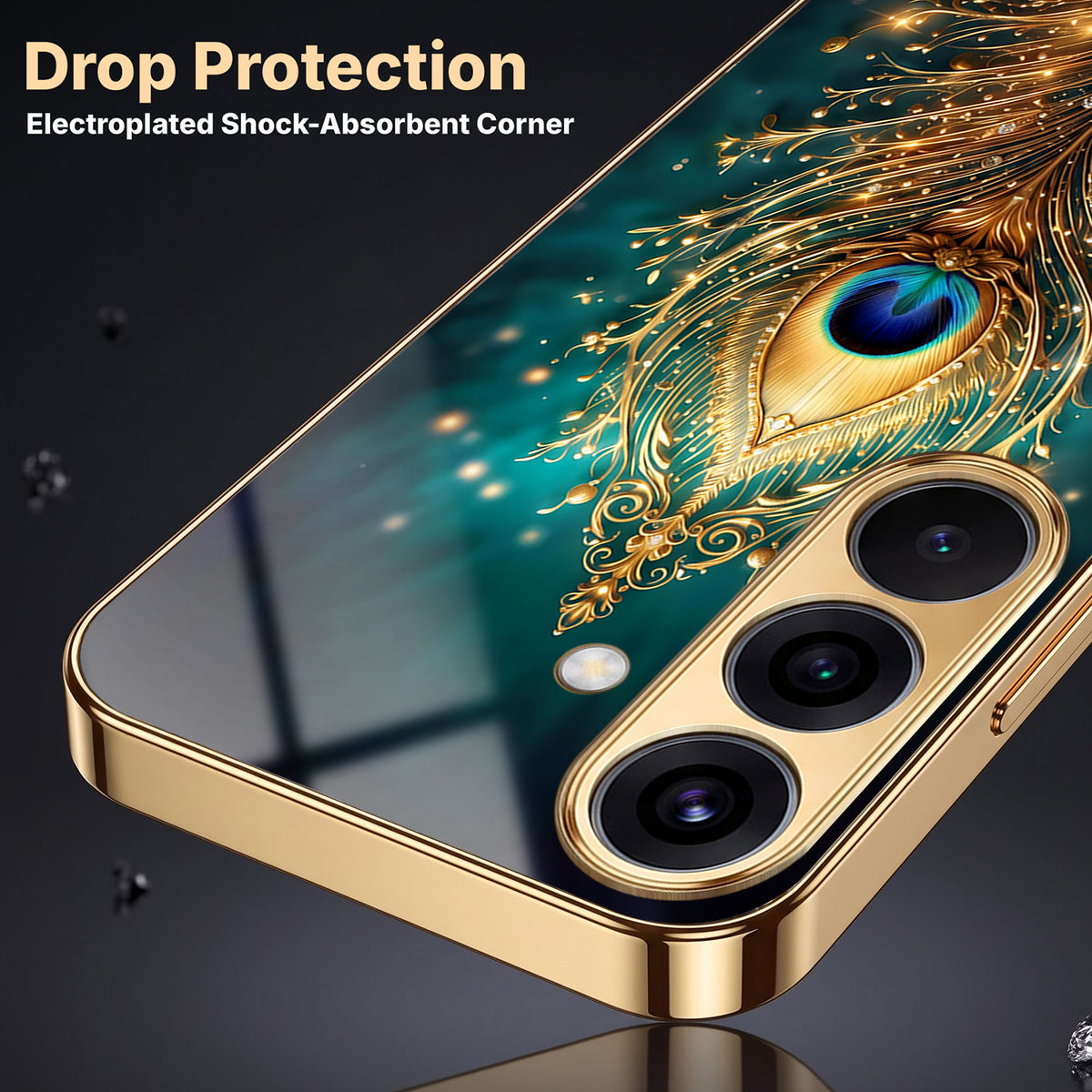 Samsung Galaxy A56 5G Golden Peacock Feather Gold Electroplated Glass Phone Back Case