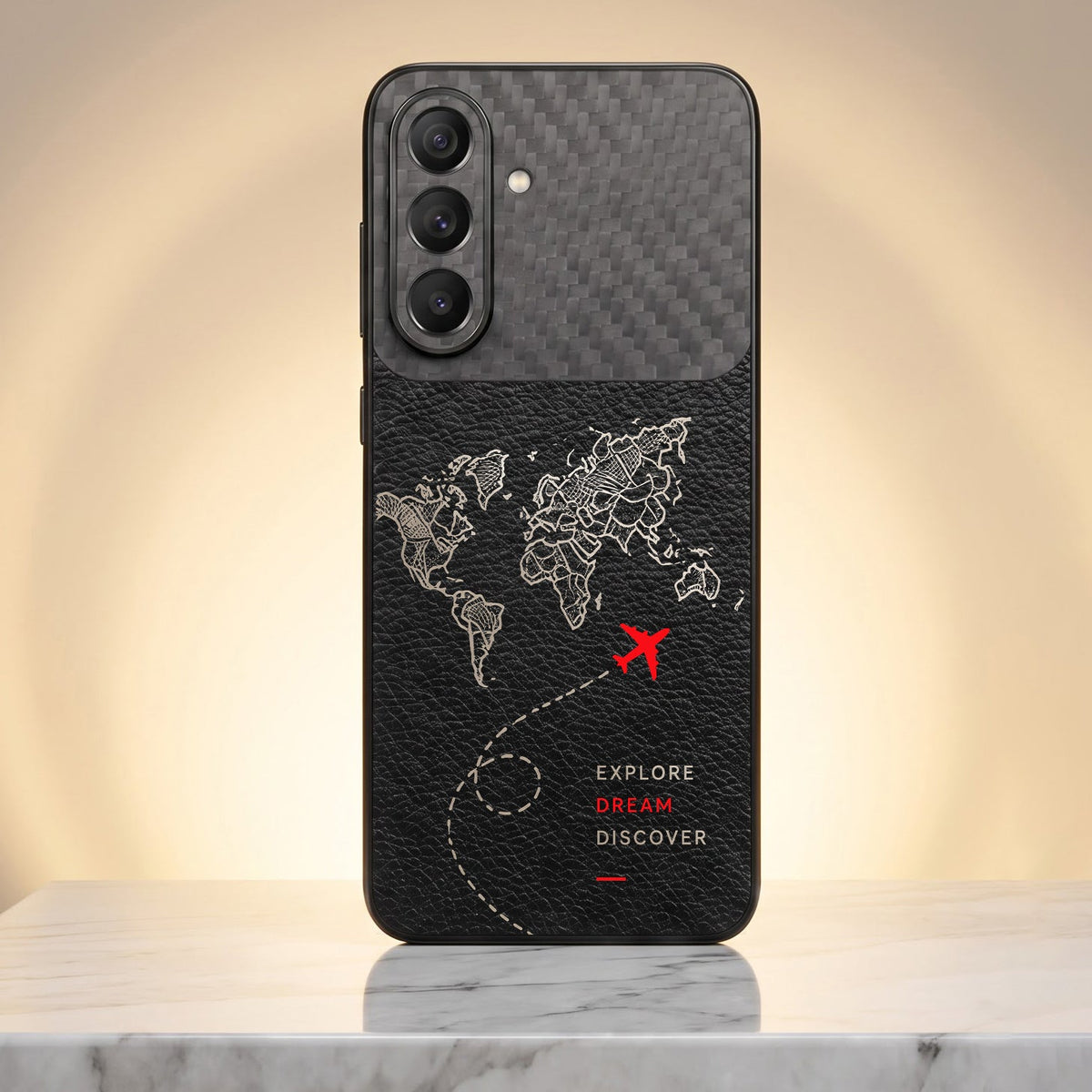 Samsung Galaxy A27 5G Travel Map Carbon Fiber Leather Hybrid Back Case