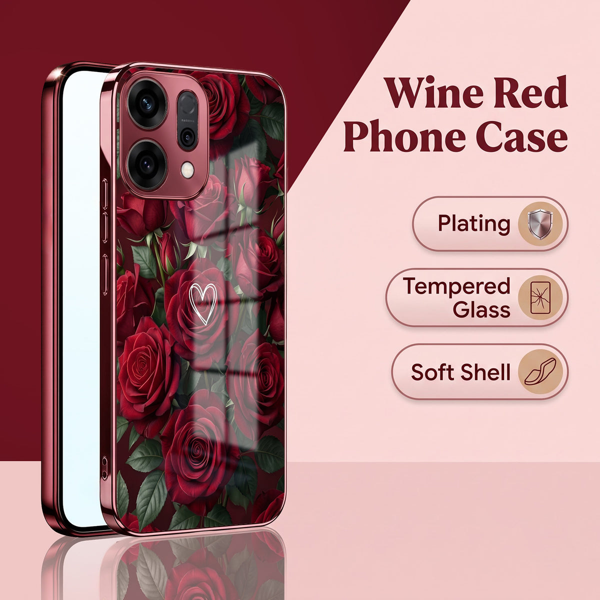 Oppo Reno 14 5G Rose Heart Burgundy Electroplated Glass Back Case