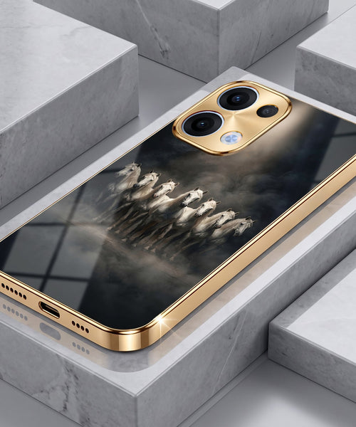 Oppo Reno 13 5G Running Horses Gold Electroplated Glass Phone Back Case