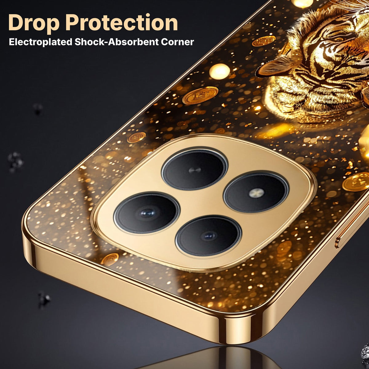 Redmi Note 15 Pro Plus 5G Luxury Tiger Gold Electroplated Glass Phone Back Case