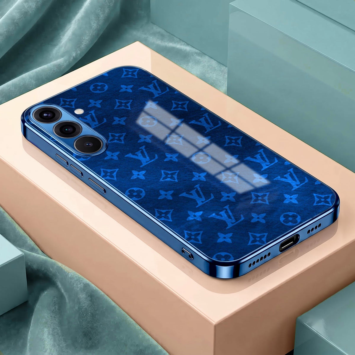 Samsung Galaxy A56 5G Luxury Monogram Blue Electroplated Glass Phone Back Case